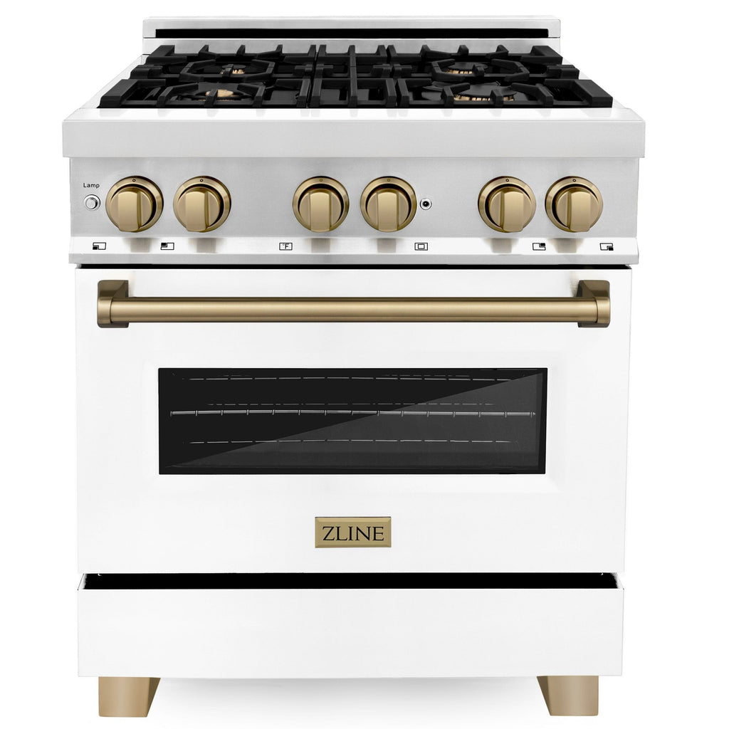 ZLINE Autograph 30 in. 4.0 cu. ft. Dual Fuel Range with Gas Cooktop and Electric Convection Oven in Stainless Steel with White Matte Door and Champagne Bronze Accents (RAZ-WM-30-CB)