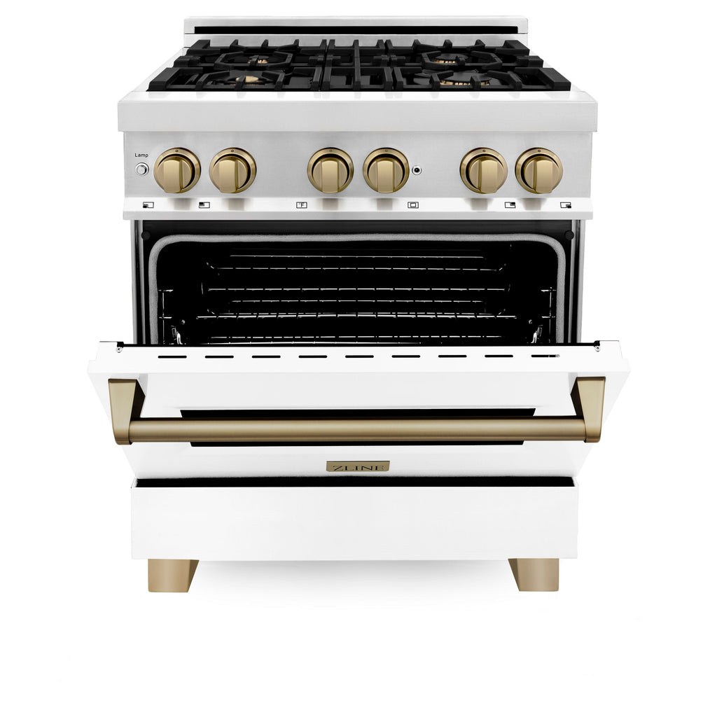 ZLINE Autograph 30 in. 4.0 cu. ft. Dual Fuel Range with Gas Cooktop and Electric Convection Oven in Stainless Steel with White Matte Door and Champagne Bronze Accents (RAZ-WM-30-CB)