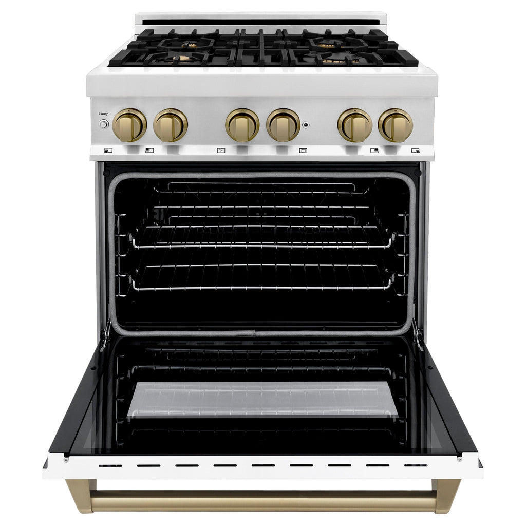 ZLINE Autograph 30 in. 4.0 cu. ft. Dual Fuel Range with Gas Cooktop and Electric Convection Oven in Stainless Steel with White Matte Door and Champagne Bronze Accents (RAZ-WM-30-CB)