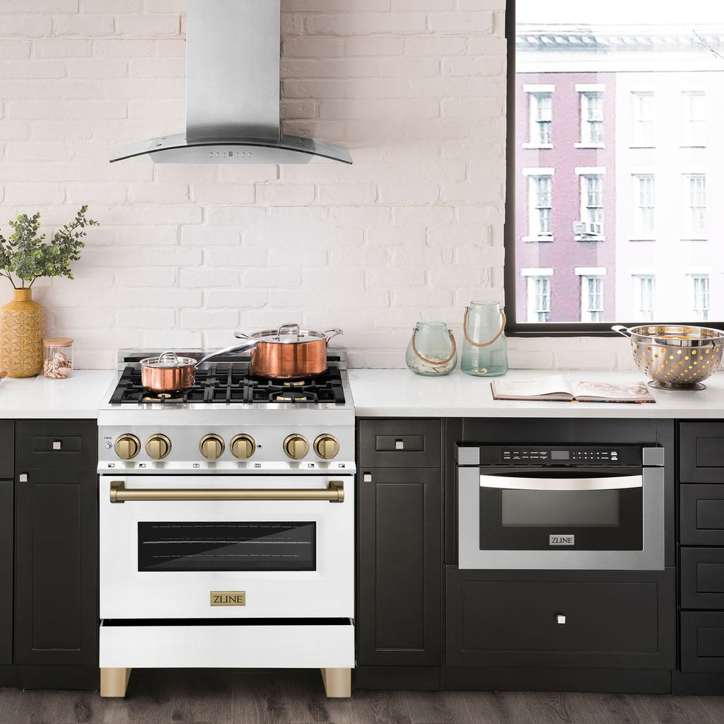 ZLINE Autograph 30 in. 4.0 cu. ft. Dual Fuel Range with Gas Cooktop and Electric Convection Oven in Stainless Steel with White Matte Door and Champagne Bronze Accents (RAZ-WM-30-CB)