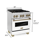 ZLINE Autograph 30 in. 4.0 cu. ft. Dual Fuel Range with Gas Cooktop and Electric Convection Oven in Stainless Steel with White Matte Door and Champagne Bronze Accents (RAZ-WM-30-CB)