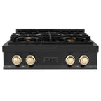 ZLINE Autograph Edition 30 Inch Porcelain Rangetop with 4 Gas Burners in Black Stainless Steel and Gold Accents, RTBZ-30-G