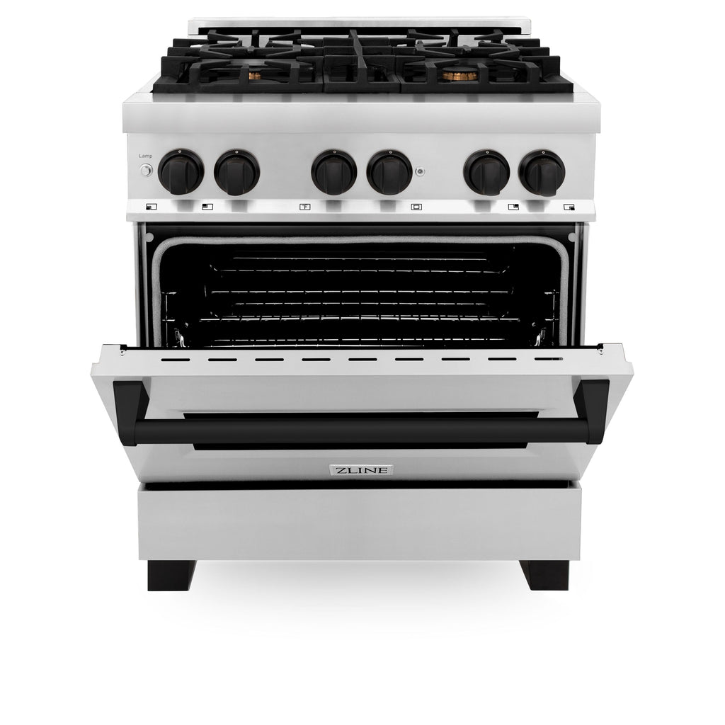 ZLINE Autograph 30 in. 4.0 cu. ft. Dual Fuel Range with Gas Cooktop and Electric Convection Oven in Stainless Steel with Black Matte Accents (RAZ-30-MB)