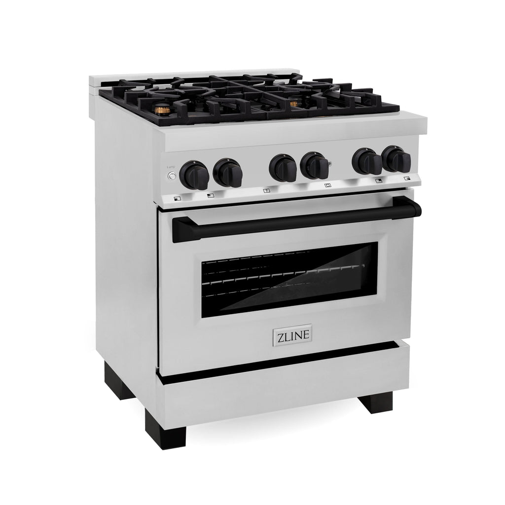 ZLINE Autograph 30 in. 4.0 cu. ft. Dual Fuel Range with Gas Cooktop and Electric Convection Oven in Stainless Steel with Black Matte Accents (RAZ-30-MB)