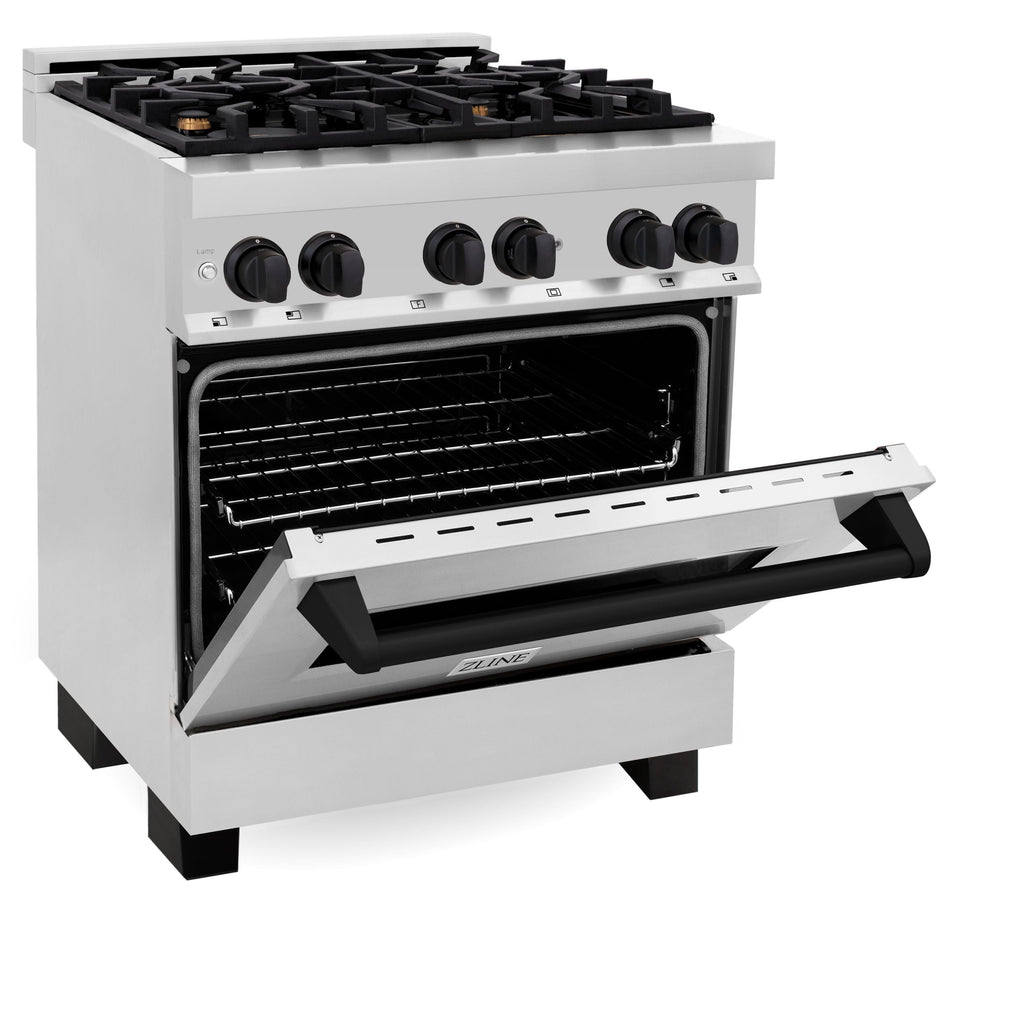 ZLINE Autograph 30 in. 4.0 cu. ft. Dual Fuel Range with Gas Cooktop and Electric Convection Oven in Stainless Steel with Black Matte Accents (RAZ-30-MB)