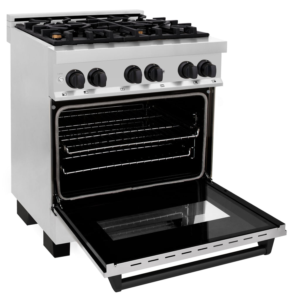 ZLINE Autograph 30 in. 4.0 cu. ft. Dual Fuel Range with Gas Cooktop and Electric Convection Oven in Stainless Steel with Black Matte Accents (RAZ-30-MB)