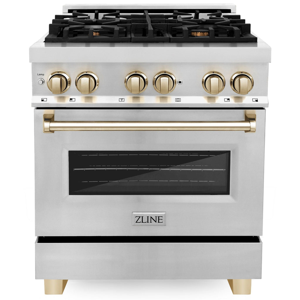 ZLINE Autograph Edition 30 in. Dual Fuel Range, 4.0 cu. ft. Electric Convection Oven, Stainless Steel with Gold Accents (RAZ-30-G)