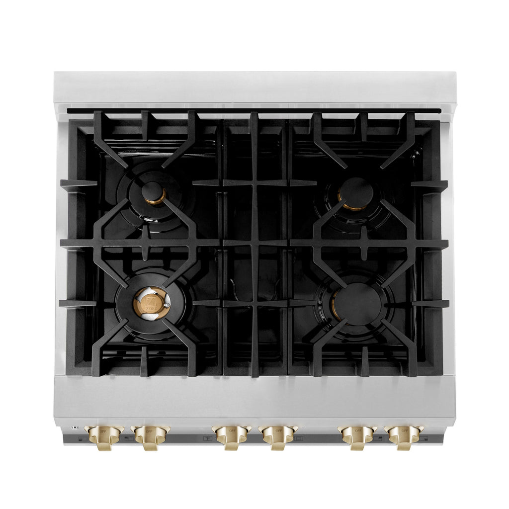 ZLINE Autograph Edition 30 in. Dual Fuel Range, 4.0 cu. ft. Electric Convection Oven, Stainless Steel with Gold Accents (RAZ-30-G)