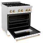 ZLINE Autograph Edition 30 in. 4.0 cu. ft. Legacy Dual Fuel Range with 4 Burner Gas Cooktop and Electric Convection Oven in Satin Stainless Steel with White Matte Door and Polished Gold Accents (RASZ-WM-30-G)