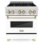 ZLINE Autograph Edition 30 in. 4.0 cu. ft. Legacy Dual Fuel Range with 4 Burner Gas Cooktop and Electric Convection Oven in Satin Stainless Steel with White Matte Door and Polished Gold Accents (RASZ-WM-30-G)