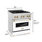 ZLINE Autograph Edition 30 in. 4.0 cu. ft. Legacy Dual Fuel Range with 4 Burner Gas Cooktop and Electric Convection Oven in Satin Stainless Steel with White Matte Door and Polished Gold Accents (RASZ-WM-30-G)