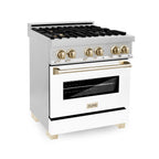 ZLINE Kitchen and Bath Autograph Edition 30 in. Dual Fuel Range, 4.0 cu. ft. Electric Convection Oven, 4 Gas Burners, White Matte Door with Gold Accents (Model RAZ-WM-30-G)