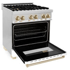 ZLINE Kitchen and Bath Autograph Edition 30 in. Dual Fuel Range, 4.0 cu. ft. Electric Convection Oven, 4 Gas Burners, White Matte Door with Gold Accents (Model RAZ-WM-30-G)