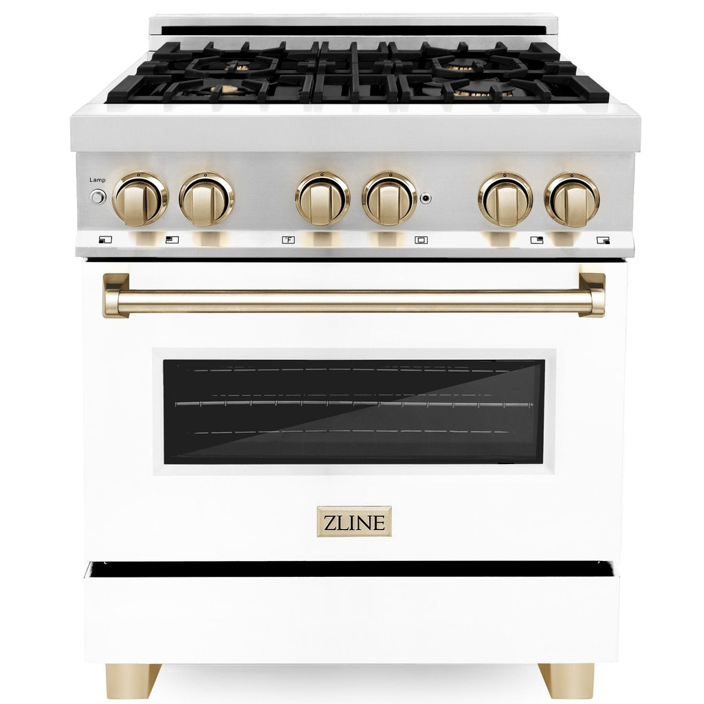 ZLINE Kitchen and Bath Autograph Edition 30 in. Dual Fuel Range, 4.0 cu. ft. Electric Convection Oven, 4 Gas Burners, White Matte Door with Gold Accents (Model RAZ-WM-30-G)