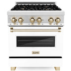 ZLINE Kitchen and Bath Autograph Edition 30 in. Dual Fuel Range, 4.0 cu. ft. Electric Convection Oven, 4 Gas Burners, White Matte Door with Gold Accents (Model RAZ-WM-30-G)