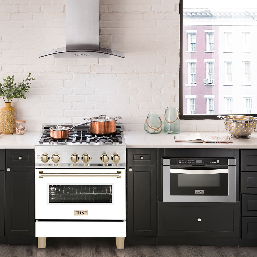 ZLINE Kitchen and Bath Autograph Edition 30 in. Dual Fuel Range, 4.0 cu. ft. Electric Convection Oven, 4 Gas Burners, White Matte Door with Gold Accents (Model RAZ-WM-30-G)