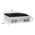 ZLINE Autograph Edition 30 in. Porcelain Rangetop with 4 Gas Burners in Stainless Steel and Champagne Bronze Accents, RTZ-30-CB