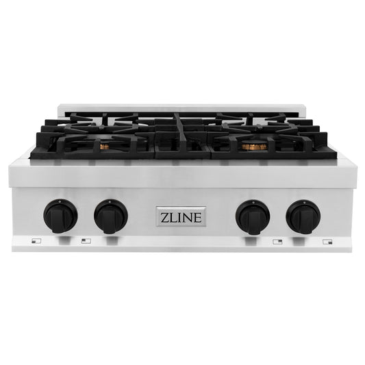 ZLINE Autograph Edition 30 in. Porcelain Rangetop with 4 Gas Burners in Stainless Steel and Matte Black Accents, RTZ-30-MB