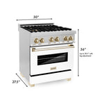 ZLINE Autograph Package - 30 In. Dual Fuel Range, Range Hood, Dishwasher in White Matte with Gold Accents, 3AKP-RAWMRHDWM30-G