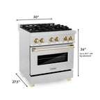 ZLINE Autograph 30 in. Legacy Dual Fuel Range, 4.0 cu. ft., 4 Burner Gas Cooktop, Electric Convection Oven, Satin Stainless Steel with Polished Gold Accents (RASZ-SN-30-G)