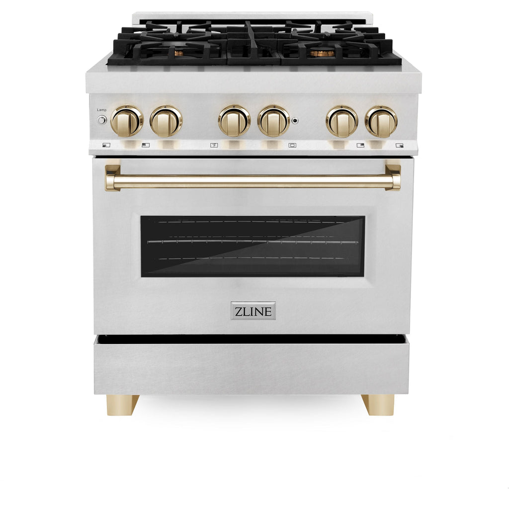 ZLINE Autograph 30 in. Legacy Dual Fuel Range, 4.0 cu. ft., 4 Burner Gas Cooktop, Electric Convection Oven, Satin Stainless Steel with Polished Gold Accents (RASZ-SN-30-G)