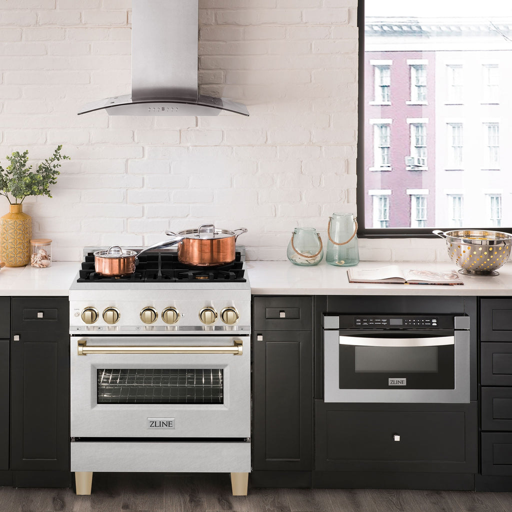 ZLINE Autograph 30 in. Legacy Dual Fuel Range, 4.0 cu. ft., 4 Burner Gas Cooktop, Electric Convection Oven, Satin Stainless Steel with Polished Gold Accents (RASZ-SN-30-G)
