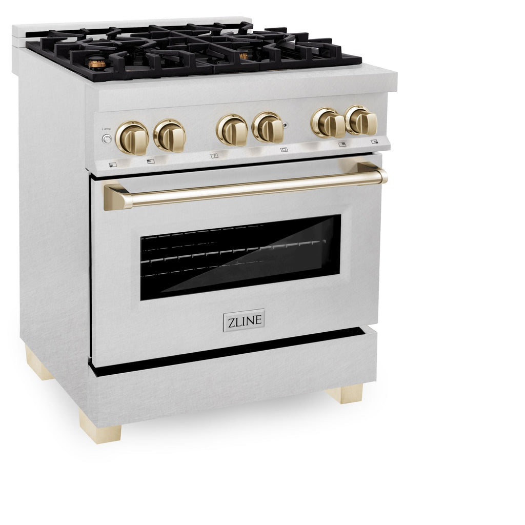 ZLINE Autograph 30 in. Legacy Dual Fuel Range, 4.0 cu. ft., 4 Burner Gas Cooktop, Electric Convection Oven, Satin Stainless Steel with Polished Gold Accents (RASZ-SN-30-G)