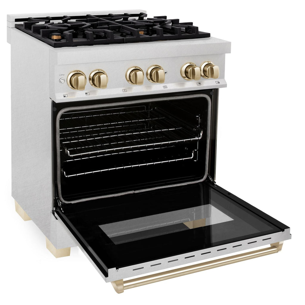 ZLINE Autograph 30 in. Legacy Dual Fuel Range, 4.0 cu. ft., 4 Burner Gas Cooktop, Electric Convection Oven, Satin Stainless Steel with Polished Gold Accents (RASZ-SN-30-G)