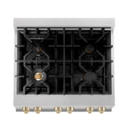 ZLINE Autograph 30 in. Legacy Dual Fuel Range, 4.0 cu. ft., 4 Burner Gas Cooktop, Electric Convection Oven, Satin Stainless Steel with Polished Gold Accents (RASZ-SN-30-G)