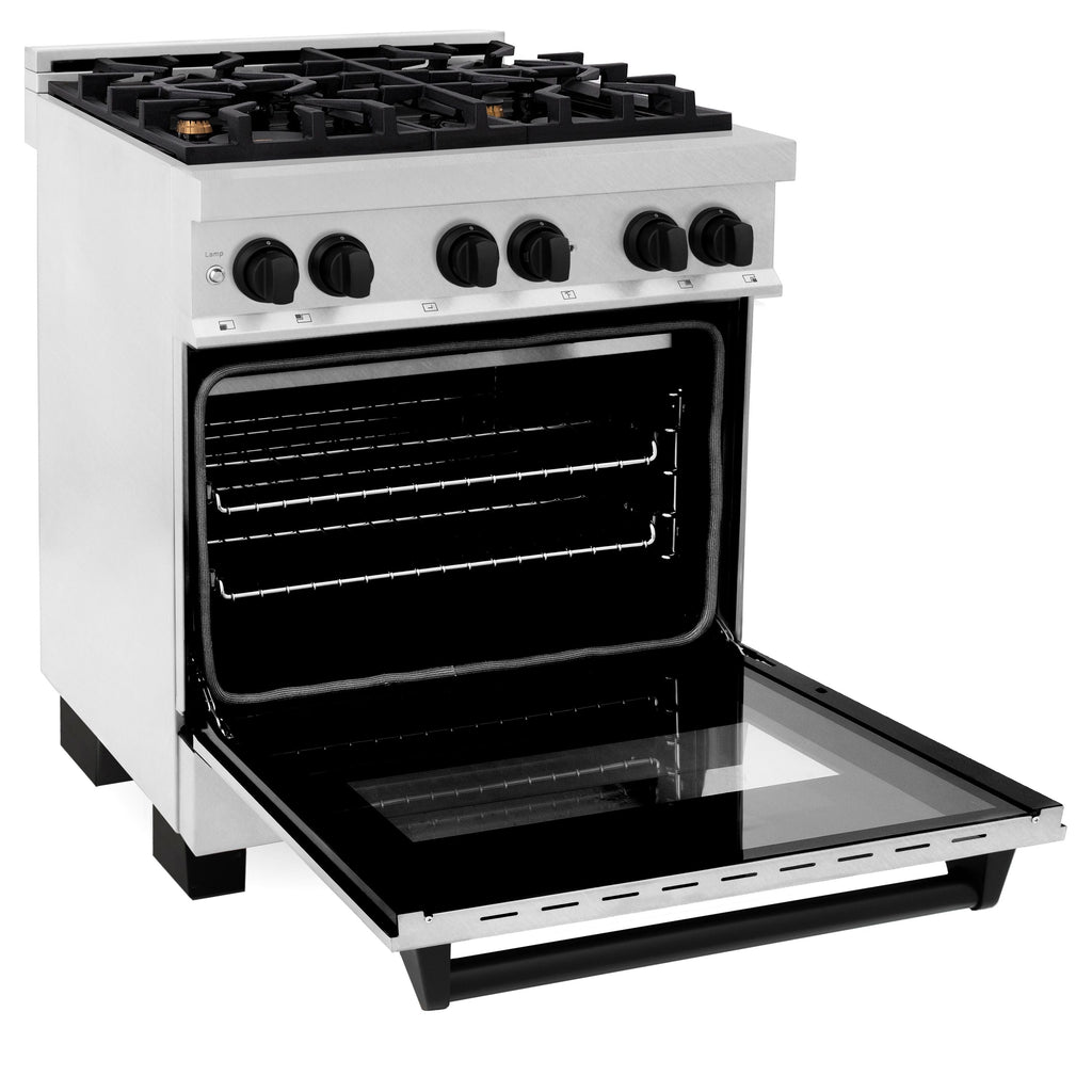 ZLINE Autograph Edition Legacy 30" Dual Fuel Range, 4.0 cu. ft. Electric Convection Oven, 4-Burner Gas Cooktop, Satin Stainless Steel with Matte Black Accents (RASZ-SN-30-MB)