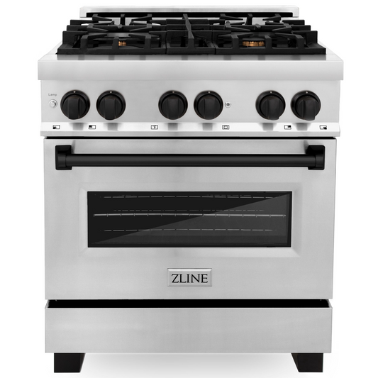ZLINE Autograph 30 in. 4.0 cu. ft. Dual Fuel Range with Gas Cooktop and Electric Convection Oven in Stainless Steel with Black Matte Accents (RAZ-30-MB)