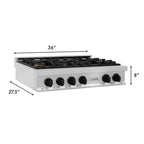 ZLINE Autograph 36" Legacy Gas Rangetop with 6 Burners and Porcelain Cooktop in Satin Stainless Steel with Matte Black Accents, RTSZ-36-MB