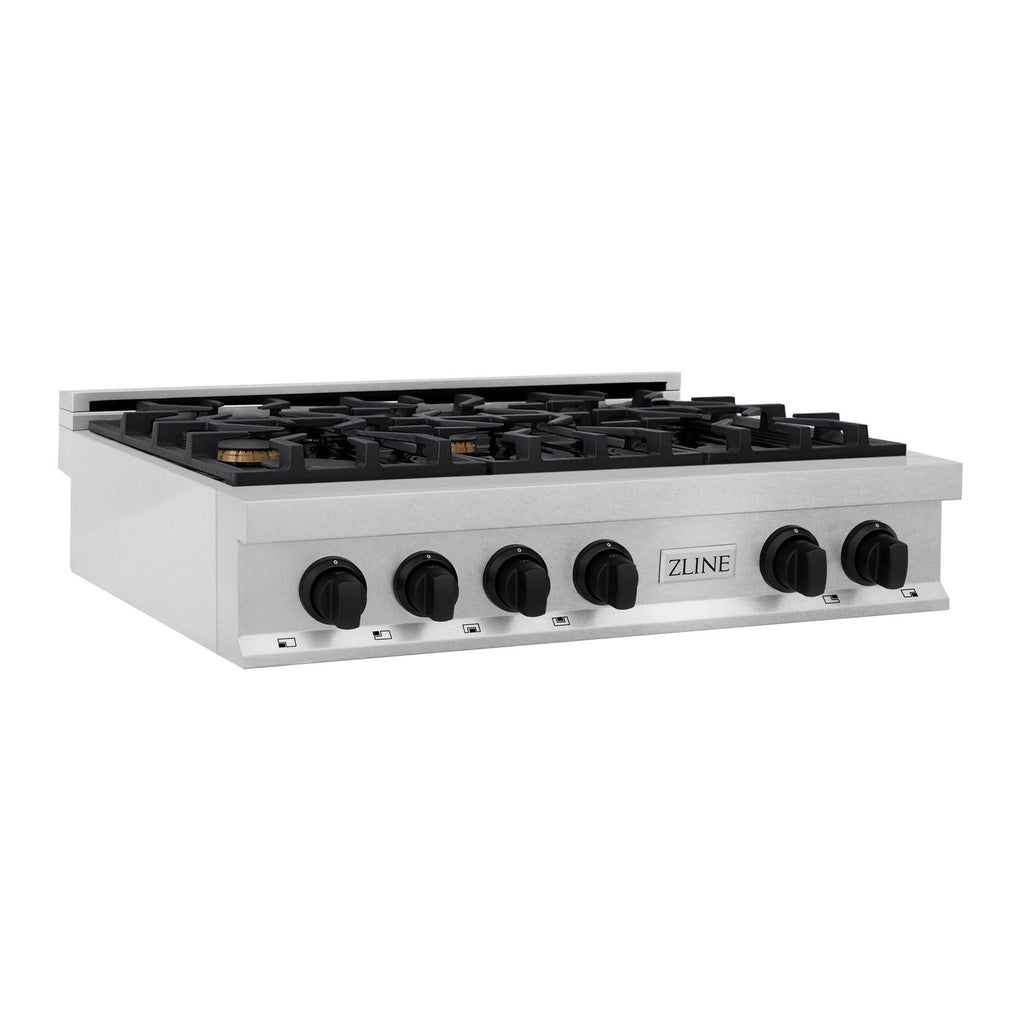 ZLINE Autograph 36" Legacy Gas Rangetop with 6 Burners and Porcelain Cooktop in Satin Stainless Steel with Matte Black Accents, RTSZ-36-MB