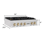 ZLINE Autograph 36" Legacy Gas Rangetop with 6 Burners and Porcelain Cooktop in Satin Stainless Steel with Polished Gold Accents, RTSZ-36-G