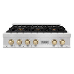 ZLINE Autograph 36" Legacy Gas Rangetop with 6 Burners and Porcelain Cooktop in Satin Stainless Steel with Polished Gold Accents, RTSZ-36-G