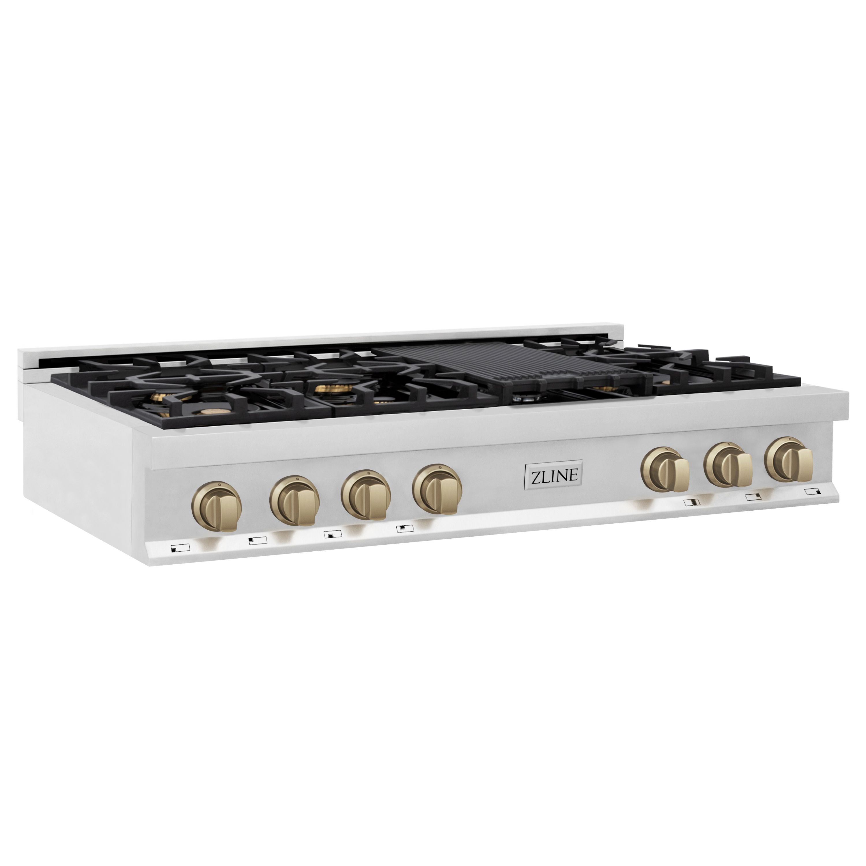 ZLINE Autograph Bronze Package - 48" Rangetop, 48" Range Hood, Dishwasher, Refrigerator with External Water and Ice Dispenser