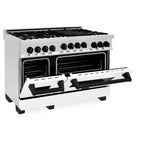ZLINE Autograph Package - 48" Dual Fuel Range, Range Hood, Refrigerator with Water and Ice Dispenser, Dishwasher with Matte Black Accents
