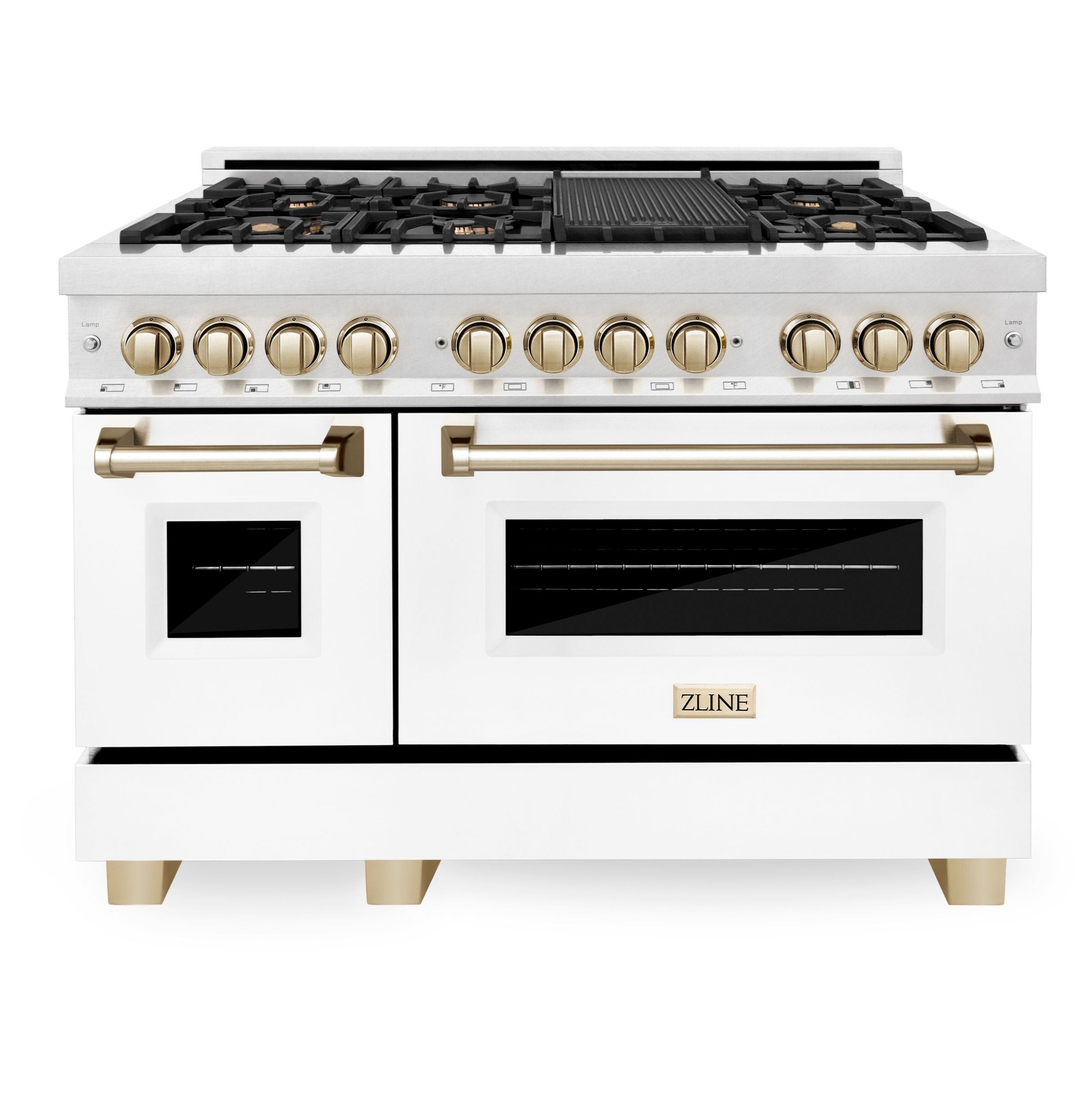 ZLINE Autograph 48 in. 6.0 cu. ft. Legacy Dual Fuel Range with 7 Gas Burners and Double Electric Ovens in Satin Stainless Steel with White Matte Doors and Polished Gold Accents (RASZ-WM-48-G)