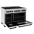 ZLINE Autograph Package - 48" Dual Fuel Range, Range Hood, Dishwasher in Satin Stainless Steel, Matte Black Accents