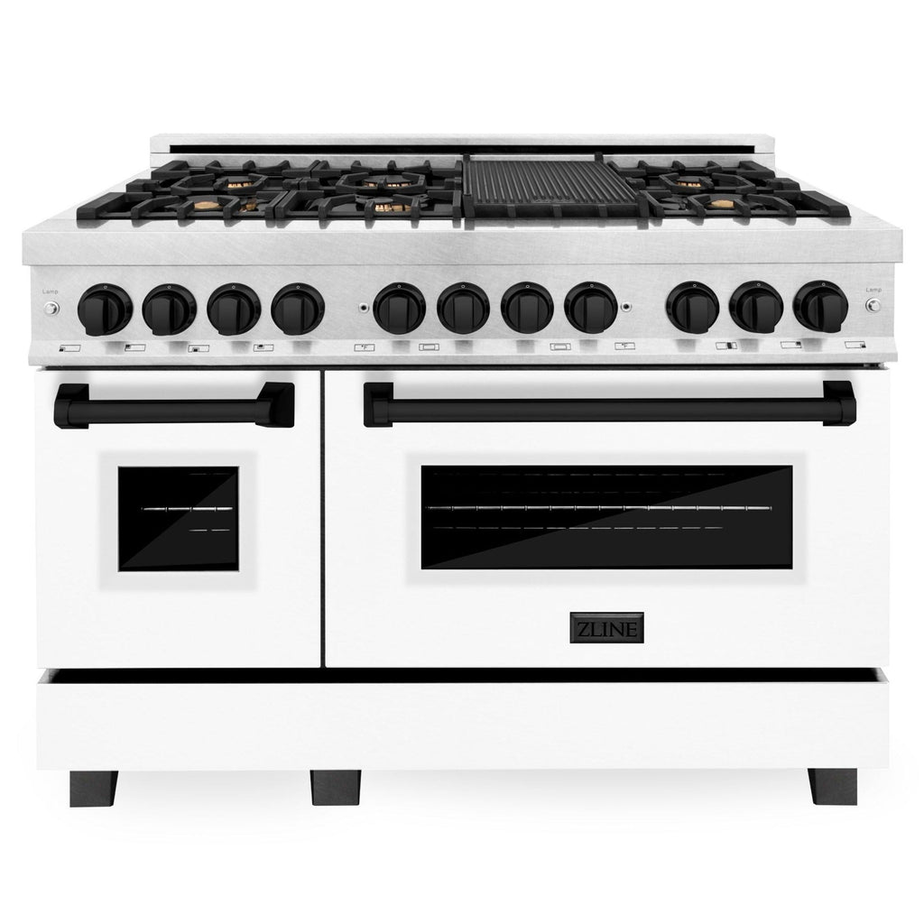 ZLINE Autograph Package - 48" Dual Fuel Range, Range Hood in Satin Stainless Steel Stainless with White Matte Door, Matte Black Accents