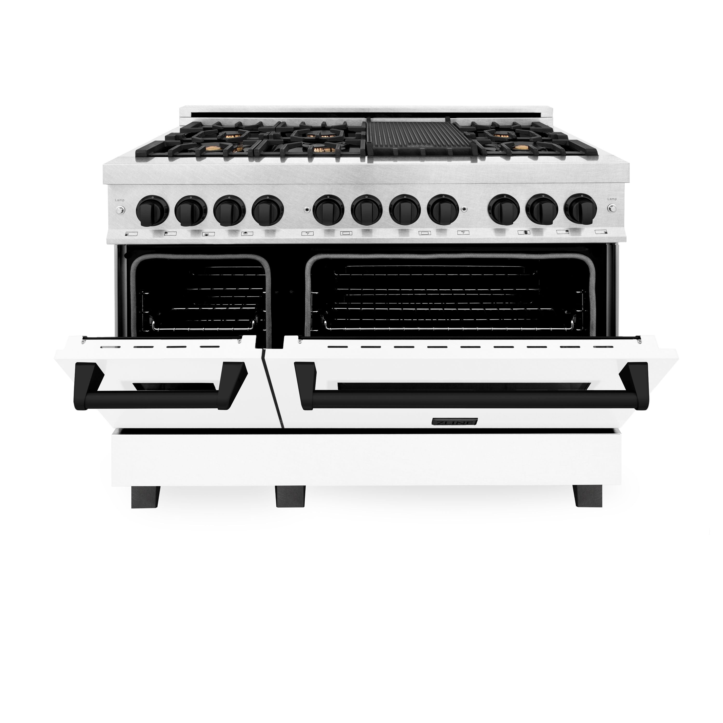 ZLINE Autograph Package - 48" Dual Fuel Range, Range Hood, Dishwasher in Satin Stainless Steel, Matte Black Accents