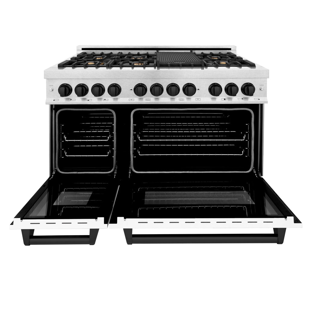 ZLINE Autograph Package - 48" Dual Fuel Range, Range Hood in Satin Stainless Steel Stainless with White Matte Door, Matte Black Accents