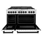 ZLINE Autograph Package - 48" Dual Fuel Range, Range Hood in Satin Stainless Steel Stainless with White Matte Door, Matte Black Accents