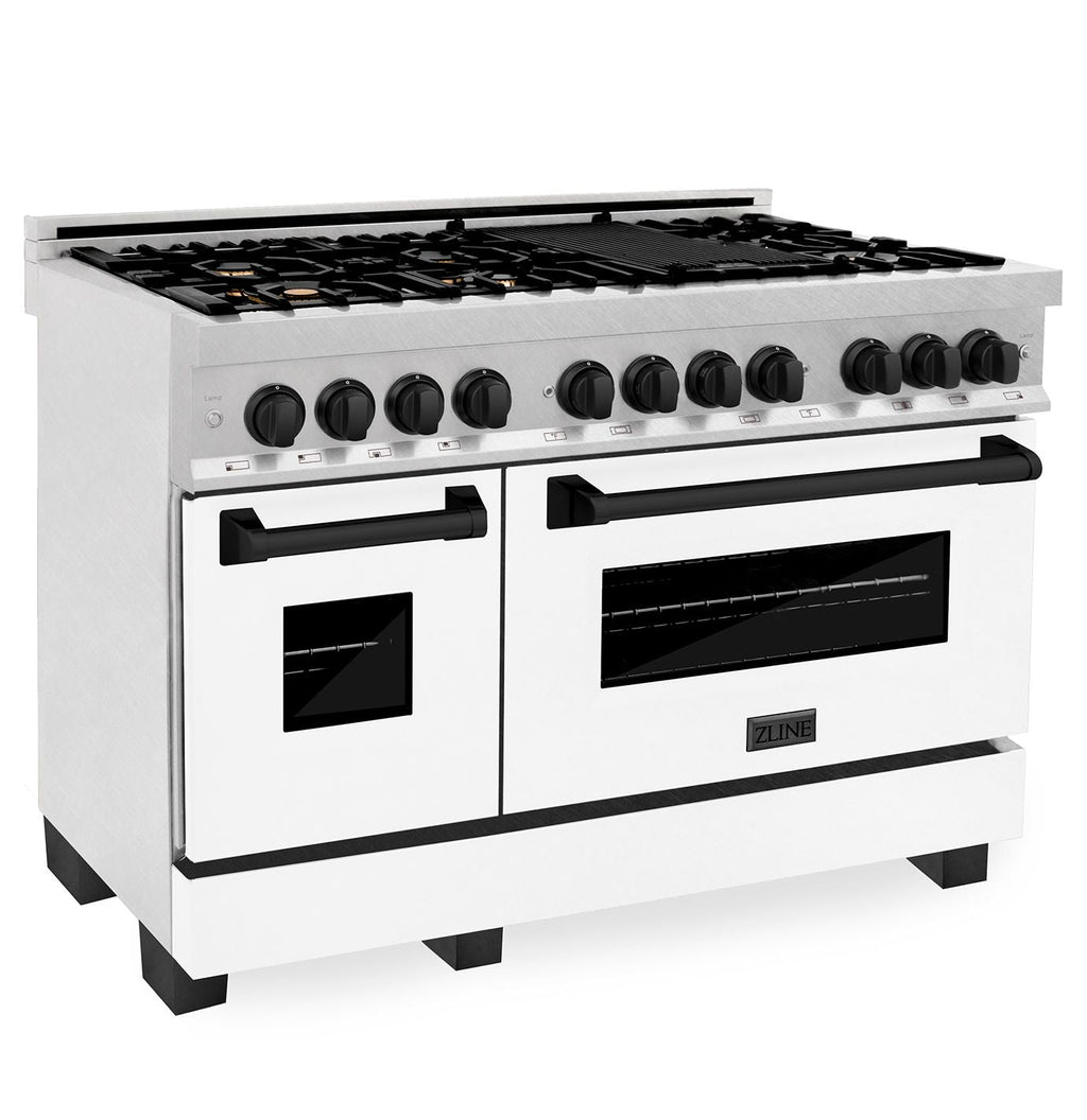 ZLINE Autograph Package - 48" Dual Fuel Range, Range Hood, Dishwasher in Satin Stainless Steel, Matte Black Accents