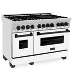 ZLINE Autograph Package - 48" Dual Fuel Range, Range Hood, Dishwasher in Satin Stainless Steel, Matte Black Accents