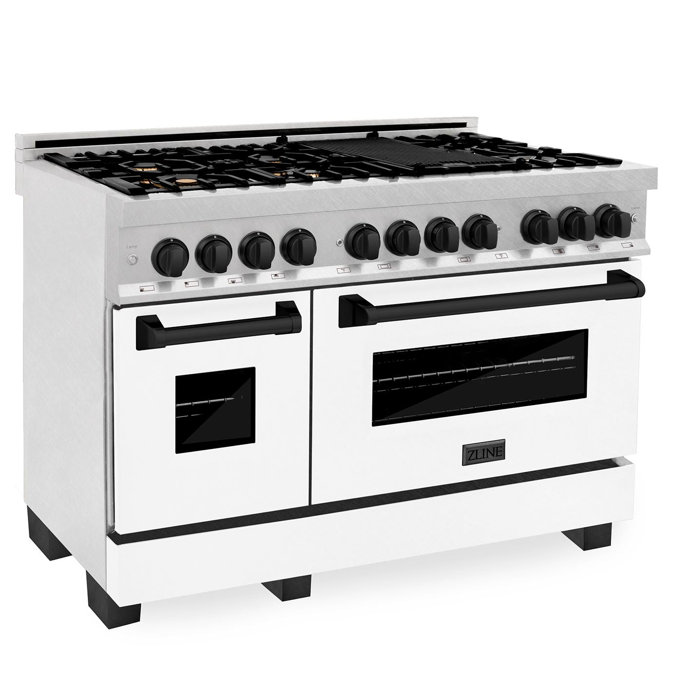 ZLINE Autograph Package - 48" Dual Fuel Range, Range Hood, Dishwasher in Satin Stainless Steel, Matte Black Accents