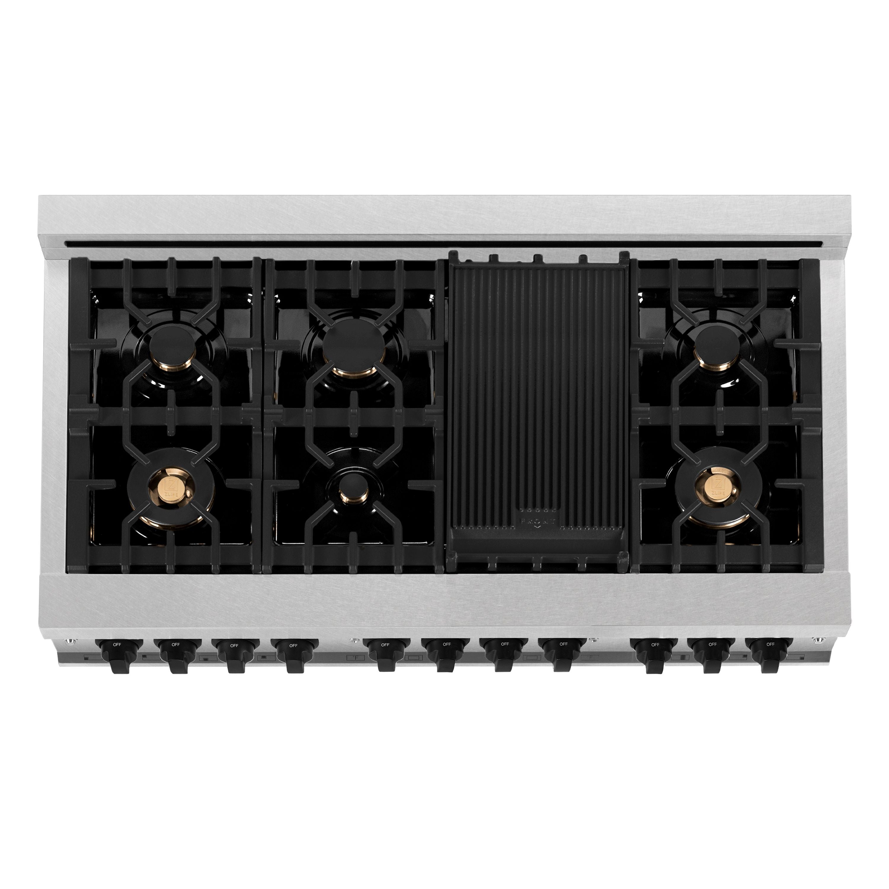 ZLINE Autograph Package - 48" Dual Fuel Range, Range Hood, Dishwasher in Satin Stainless Steel, Matte Black Accents