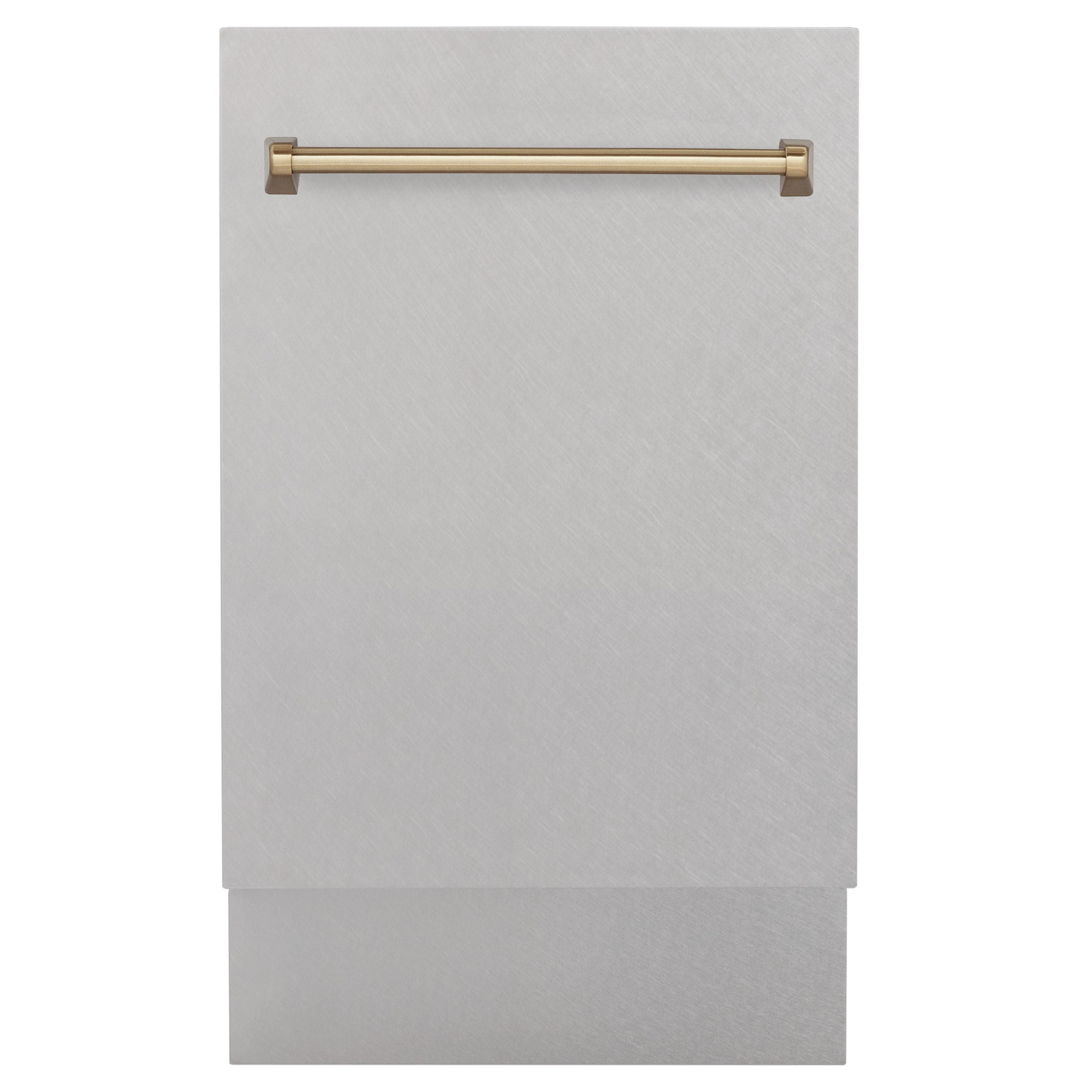 ZLINE Autograph 18" Tallac Series 3rd Rack Top Control Built-In Dishwasher with Satin Stainless Steel Panel and Champagne Bronze Handle, 51dBa, DWVZ-SN-18-CB
