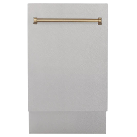 ZLINE Autograph 18" Tallac Series 3rd Rack Top Control Built-In Dishwasher with Satin Stainless Steel Panel and Champagne Bronze Handle, 51dBa, DWVZ-SN-18-CB