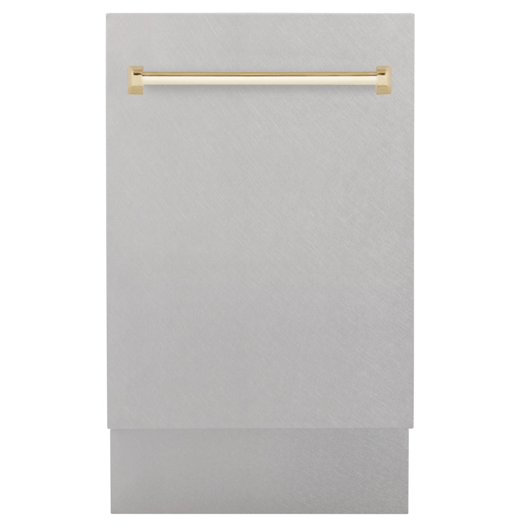 ZLINE Autograph 18" Tallac Series 3rd Rack Top Control Built-In Dishwasher with Satin Stainless Steel Panel and Polished Gold Handle, 51dBa, DWVZ-SN-18-G